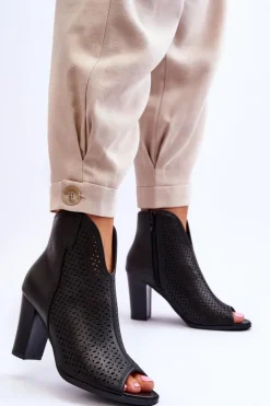 Boto Botki Na Słupku|Czarne Botki*Ażurowe Skórzane Botki Na Słupku Czarne Florina