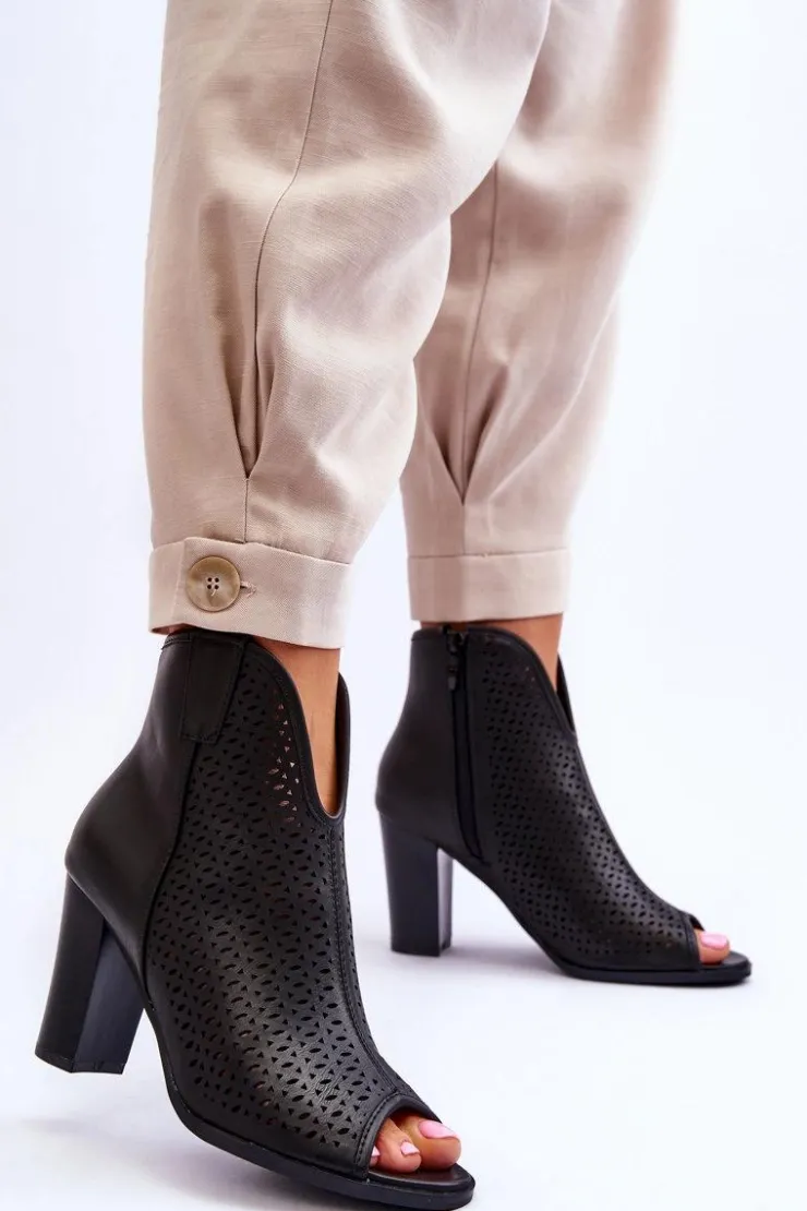 Boto Botki Na Słupku|Czarne Botki*Ażurowe Skórzane Botki Na Słupku Czarne Florina