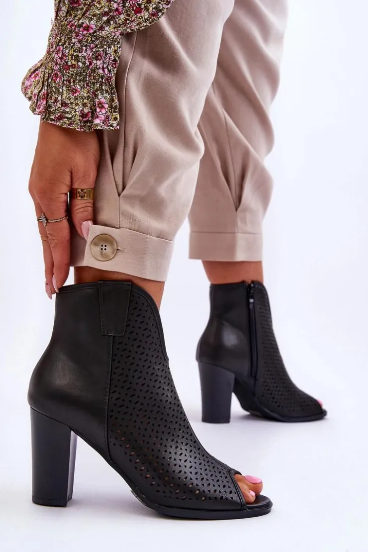 Boto Botki Na Słupku|Czarne Botki*Ażurowe Skórzane Botki Na Słupku Czarne Florina