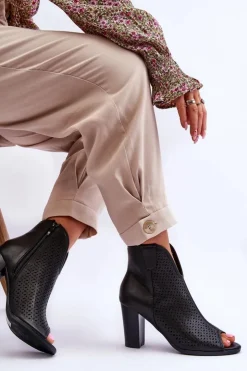 Boto Botki Na Słupku|Czarne Botki*Ażurowe Skórzane Botki Na Słupku Czarne Florina