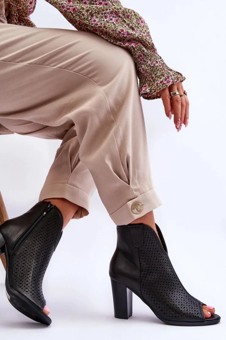 Boto Botki Na Słupku|Czarne Botki*Ażurowe Skórzane Botki Na Słupku Czarne Florina