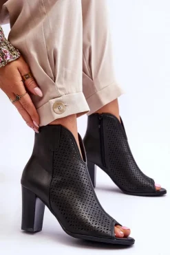 Boto Botki Na Słupku|Czarne Botki*Ażurowe Skórzane Botki Na Słupku Czarne Florina