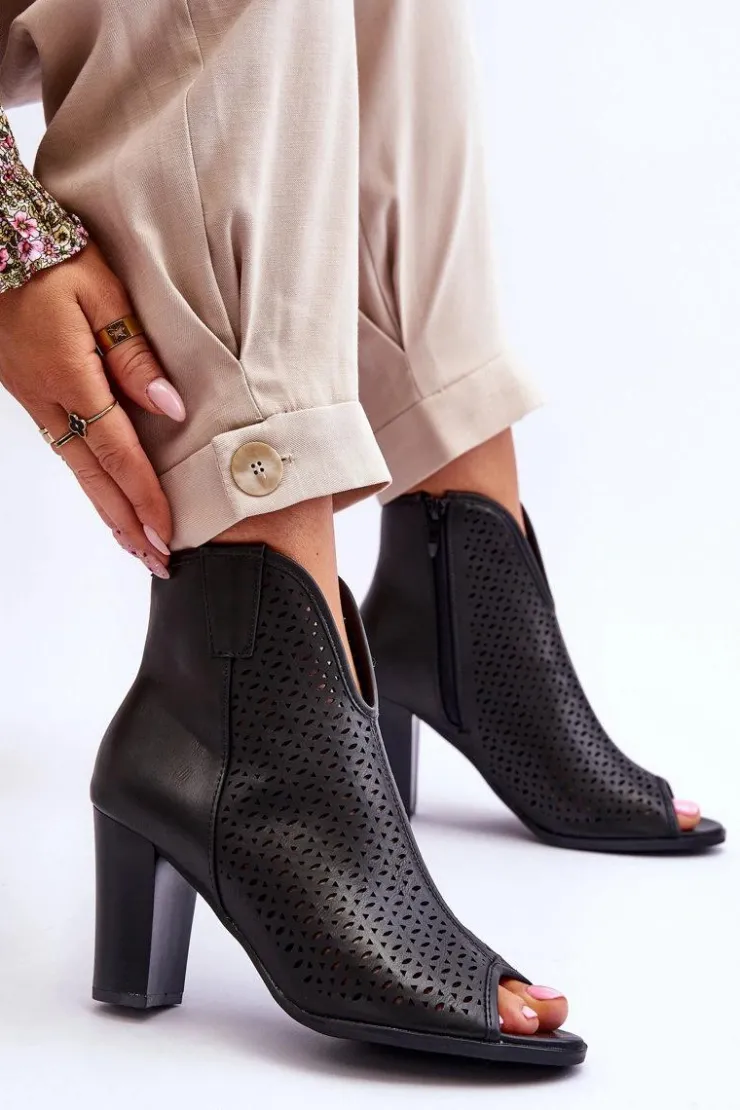 Boto Botki Na Słupku|Czarne Botki*Ażurowe Skórzane Botki Na Słupku Czarne Florina
