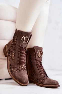 Damskie Zazoo Ażurowe Skórzane Botki Nicole Brązowe 2695