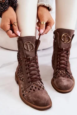 Damskie Zazoo Ażurowe Skórzane Botki Nicole Brązowe 2695