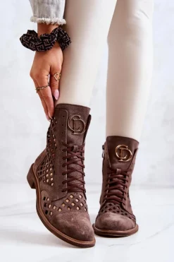 Damskie Zazoo Ażurowe Skórzane Botki Nicole Brązowe 2695