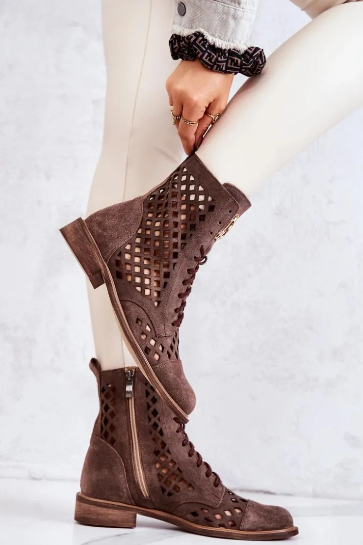 Damskie Zazoo Ażurowe Skórzane Botki Nicole Brązowe 2695