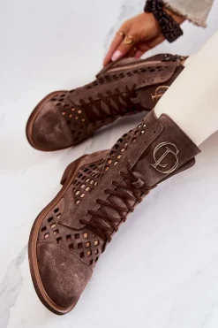 Damskie Zazoo Ażurowe Skórzane Botki Nicole Brązowe 2695