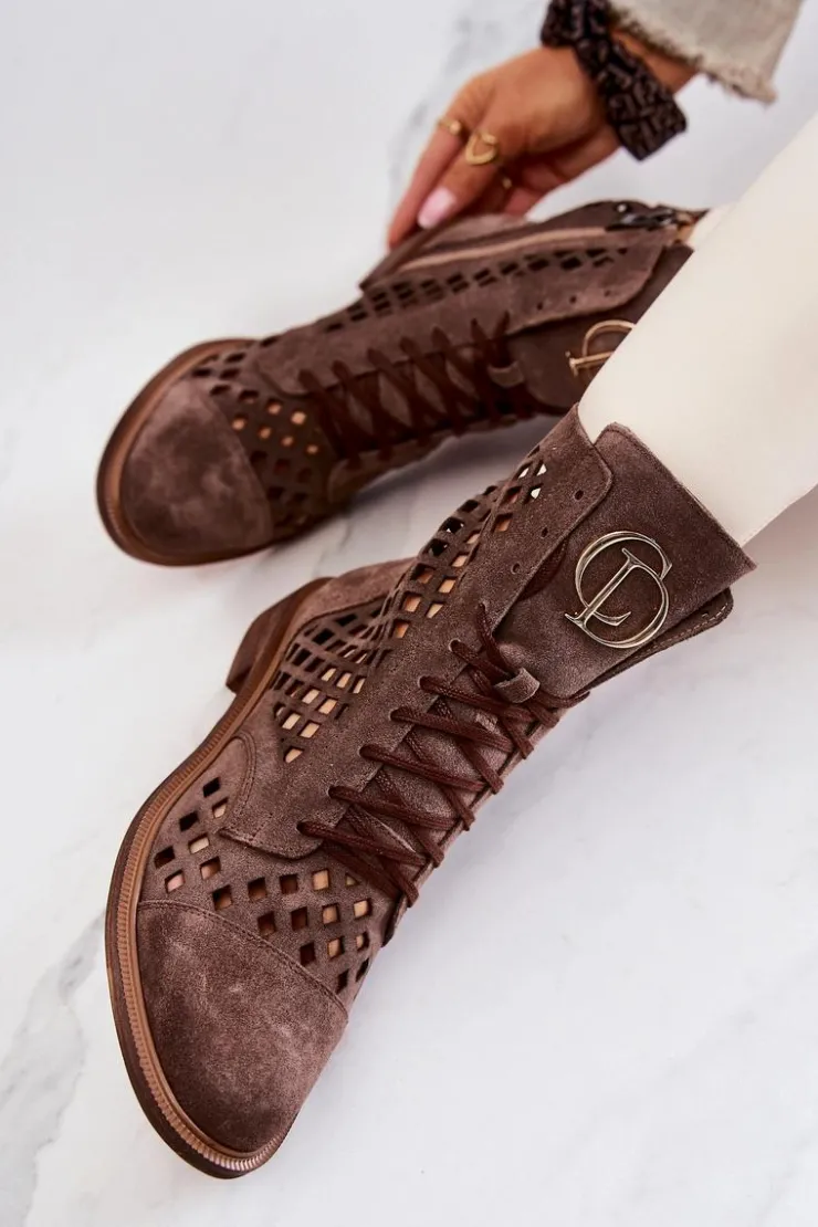 Damskie Zazoo Ażurowe Skórzane Botki Nicole Brązowe 2695