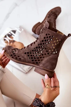 Damskie Zazoo Ażurowe Skórzane Botki Nicole Brązowe 2695