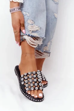 Boto Klapki Damskie Klasyczne*Ażurowe Skórzane Klapki Z Dżetami Czarne Alana