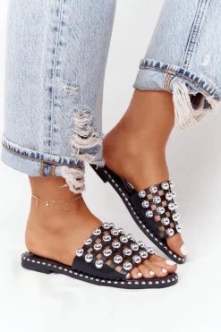 Boto Klapki Damskie Klasyczne*Ażurowe Skórzane Klapki Z Dżetami Czarne Alana