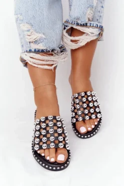 Boto Klapki Damskie Klasyczne*Ażurowe Skórzane Klapki Z Dżetami Czarne Alana