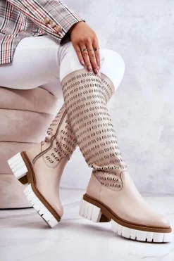 Hot Boto Ażurowe Skórzane Kozaki Na Suwak Beżowe Lativia