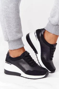 Damskie Damskie buty S.Barski Ażurowe Skórzane Sneakersy Na Koturnie S.Barski Czarne