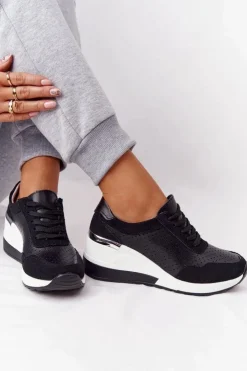 Damskie Damskie buty S.Barski Ażurowe Skórzane Sneakersy Na Koturnie S.Barski Czarne