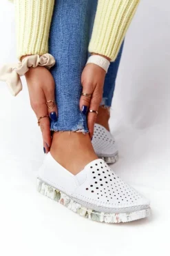 Clearance Maciejka Ażurowe Skórzane Tenisówki Półbuty Slip-On Białe 03512B-11