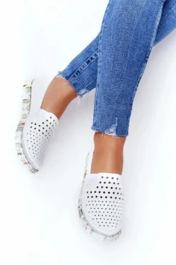 Clearance Maciejka Ażurowe Skórzane Tenisówki Półbuty Slip-On Białe 03512B-11