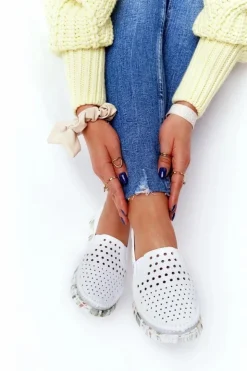 Clearance Maciejka Ażurowe Skórzane Tenisówki Półbuty Slip-On Białe 03512B-11