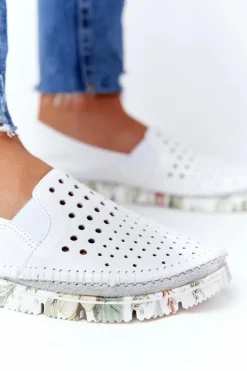 Clearance Maciejka Ażurowe Skórzane Tenisówki Półbuty Slip-On Białe 03512B-11