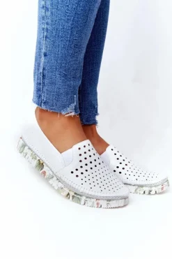 Clearance Maciejka Ażurowe Skórzane Tenisówki Półbuty Slip-On Białe 03512B-11