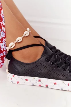 Evento Trampki Damskie Niskie*Ażurowe Skórzane Tenisówki W Kwiaty Czarne Spring