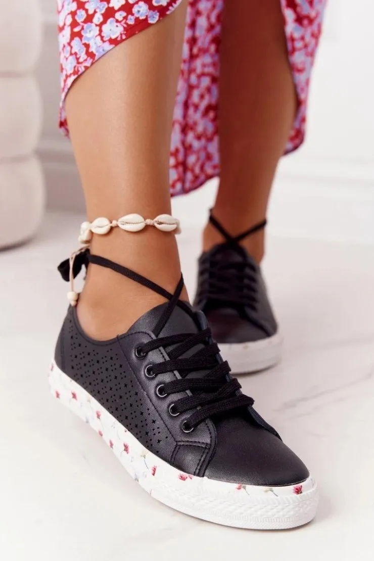 Evento Trampki Damskie Niskie*Ażurowe Skórzane Tenisówki W Kwiaty Czarne Spring