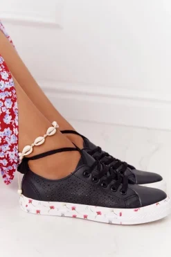 Evento Trampki Damskie Niskie*Ażurowe Skórzane Tenisówki W Kwiaty Czarne Spring