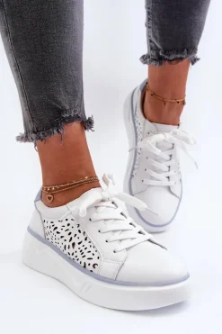 Evento Ażurowe Sneakersy Damskie Na Platformie Skórzane Białe Peilaeno Biały
