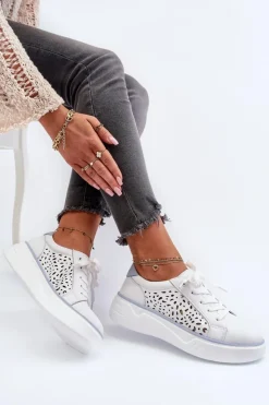 Evento Ażurowe Sneakersy Damskie Na Platformie Skórzane Białe Peilaeno Biały