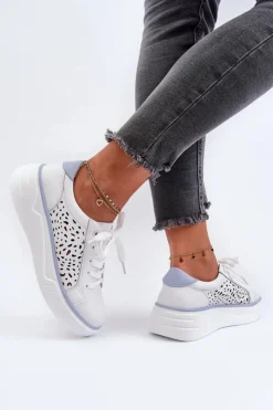 Evento Ażurowe Sneakersy Damskie Na Platformie Skórzane Białe Peilaeno Biały