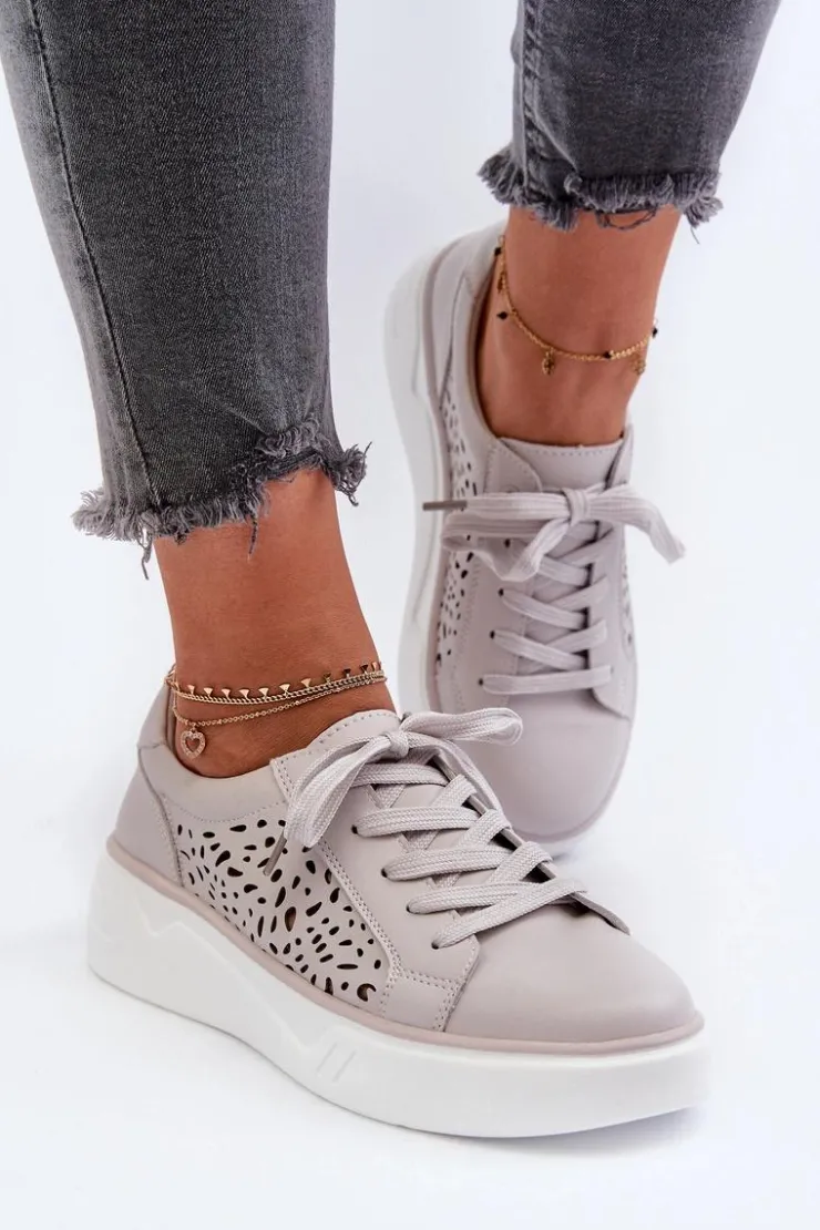 Evento Buty Sportowe Na Platformie*Ażurowe Sneakersy Damskie Na Platformie Skórzane Szare Peilaeno