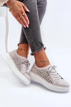 Evento Buty Sportowe Na Platformie*Ażurowe Sneakersy Damskie Na Platformie Skórzane Szare Peilaeno