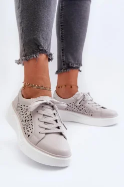 Evento Buty Sportowe Na Platformie*Ażurowe Sneakersy Damskie Na Platformie Skórzane Szare Peilaeno