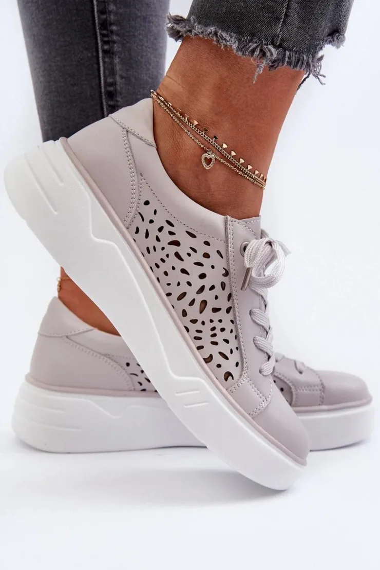 Evento Buty Sportowe Na Platformie*Ażurowe Sneakersy Damskie Na Platformie Skórzane Szare Peilaeno