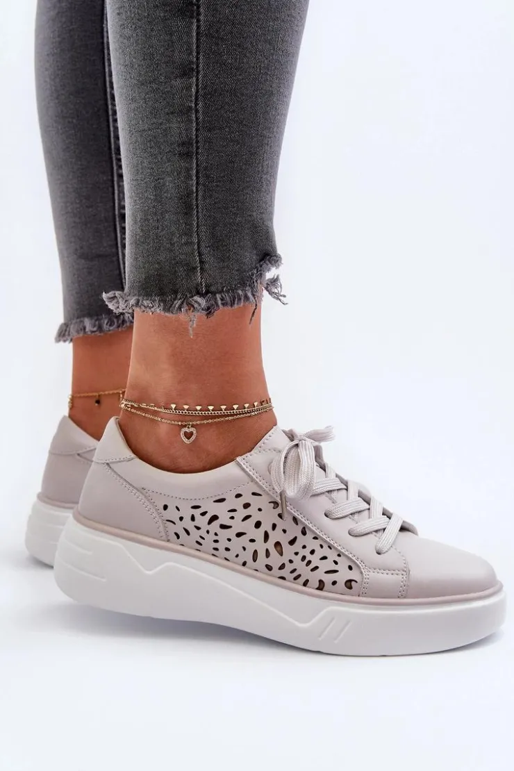 Evento Buty Sportowe Na Platformie*Ażurowe Sneakersy Damskie Na Platformie Skórzane Szare Peilaeno