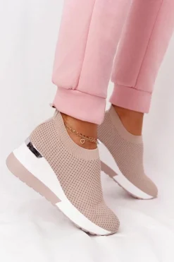Damskie Boto Ażurowe Sneakersy Slip-On Na Koturnie Beżowe Harmony