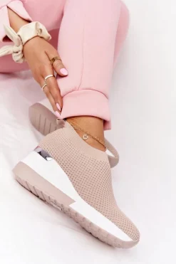Damskie Boto Ażurowe Sneakersy Slip-On Na Koturnie Beżowe Harmony