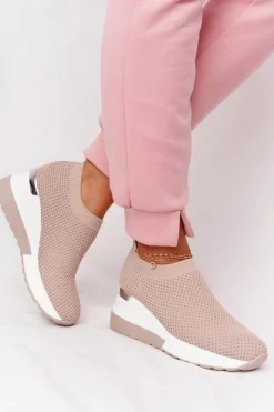 Damskie Boto Ażurowe Sneakersy Slip-On Na Koturnie Beżowe Harmony