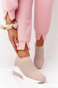 Damskie Boto Ażurowe Sneakersy Slip-On Na Koturnie Beżowe Harmony