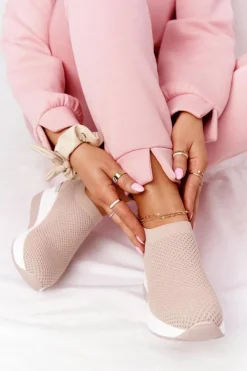 Damskie Boto Ażurowe Sneakersy Slip-On Na Koturnie Beżowe Harmony