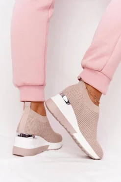 Damskie Boto Ażurowe Sneakersy Slip-On Na Koturnie Beżowe Harmony