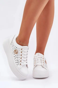 Clearance Boto Ażurowe Sneakersy Ze Złotym Detalem Białe Cassildi
