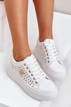 Clearance Boto Ażurowe Sneakersy Ze Złotym Detalem Białe Cassildi