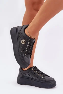 Boto Buty Sportowe Na Platformie|Sneakersy Damskie*Ażurowe Sneakersy Ze Złotym Detalem Czarne Cassildi