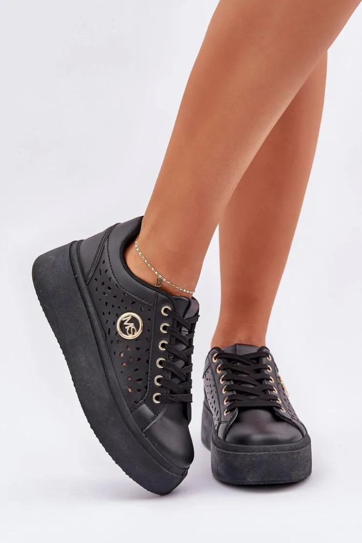 Boto Buty Sportowe Na Platformie|Sneakersy Damskie*Ażurowe Sneakersy Ze Złotym Detalem Czarne Cassildi