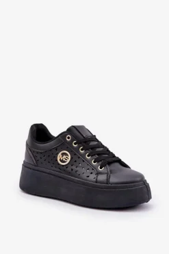 Boto Buty Sportowe Na Platformie|Sneakersy Damskie*Ażurowe Sneakersy Ze Złotym Detalem Czarne Cassildi