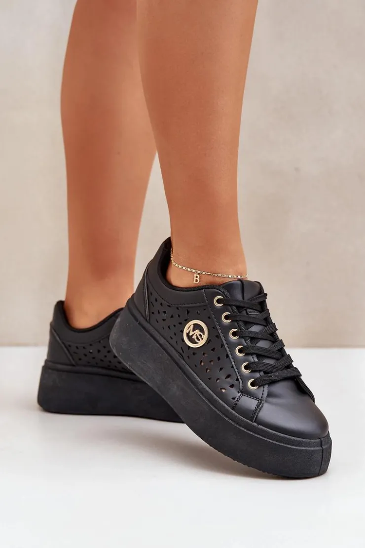 Boto Buty Sportowe Na Platformie|Sneakersy Damskie*Ażurowe Sneakersy Ze Złotym Detalem Czarne Cassildi