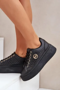 Boto Buty Sportowe Na Platformie|Sneakersy Damskie*Ażurowe Sneakersy Ze Złotym Detalem Czarne Cassildi