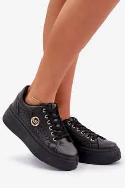 Boto Buty Sportowe Na Platformie|Sneakersy Damskie*Ażurowe Sneakersy Ze Złotym Detalem Czarne Cassildi